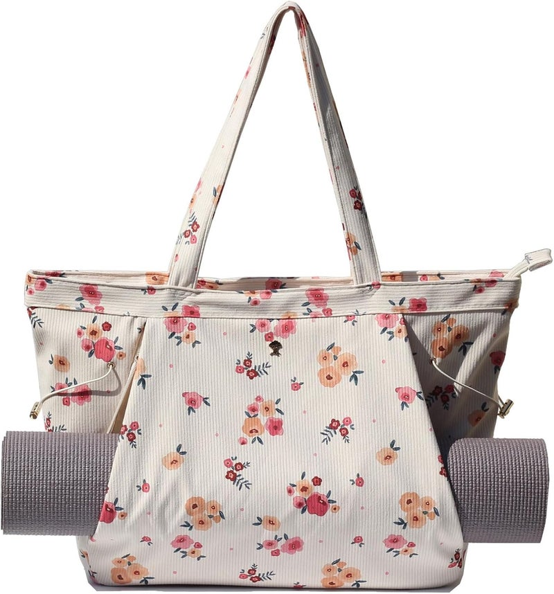 ESVAN Corduroy Yoga Tote Bag Gifts for Women Drawstring Yoga Mat Bag for Office Workout Travel Carryall Pilates Gym - Image 1